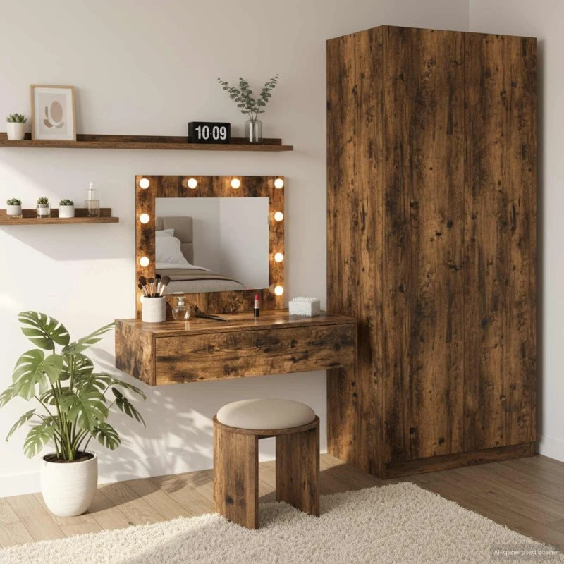 vidaXL Klædeskab med spejllys Brun 83 x 40 x 70 cm Konstrueret træ