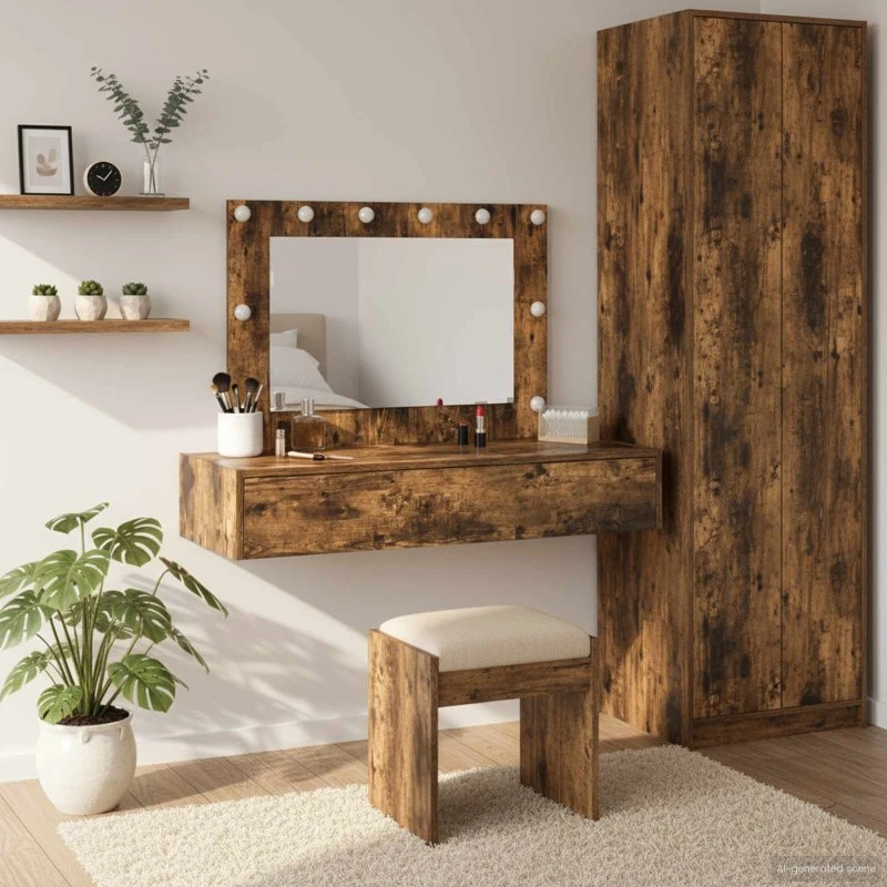 vidaXL Klædeskab med spejllys Brun 100 x 40 x 70 cm Konstrueret træ