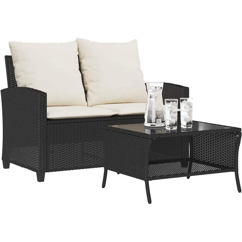 vidaXL 2-personers polyrattan sofa med hynder og glasbord, sort