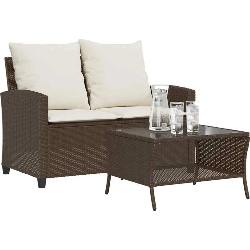 vidaXL 2-personers polyrattan sofa med hynder og glasbord, brun
