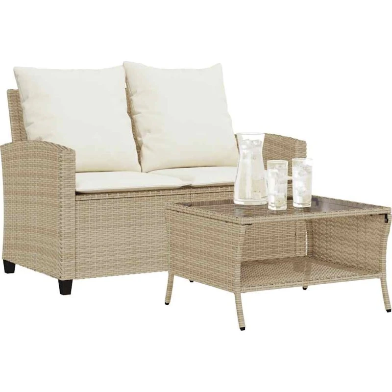 vidaXL 2-personers sofa med hynder og bord i polyrattan beige