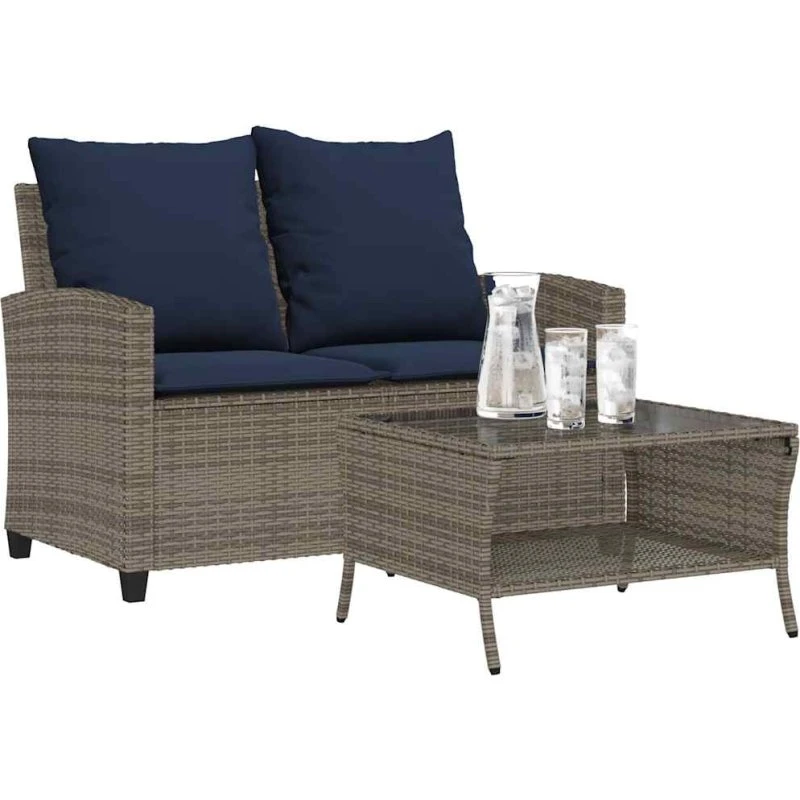 vidaXL 2-personers polyrattan sofa med hynder og glasbord, grå