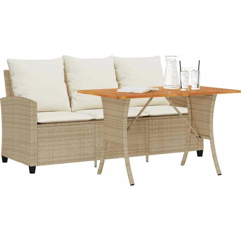 vidaXL 3-personers polyrattan sofa med hynder og akacietræsbord, beige