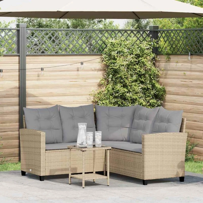 vidaXL L-formet havesofa med bord og hynder, polyrattan beige