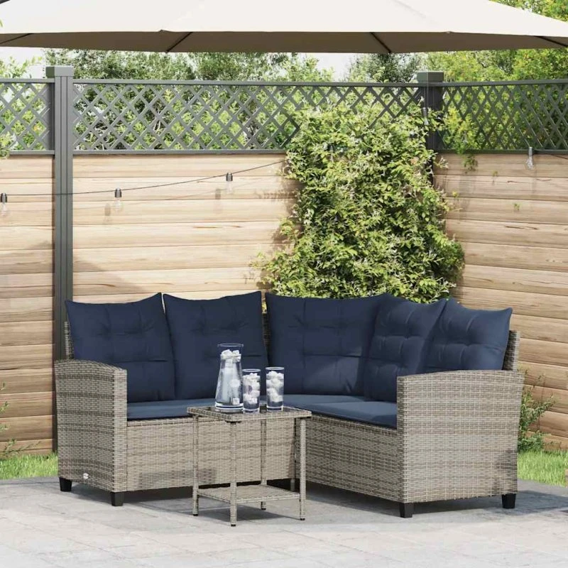 vidaXL L-formet havesofa med bord og hynder i grå polyrattan