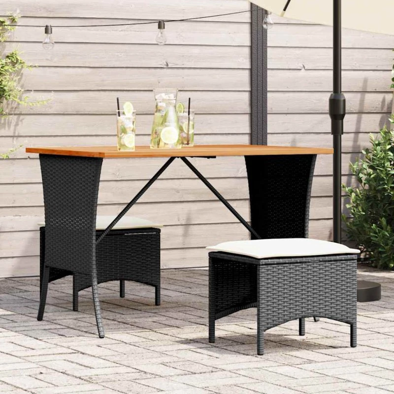 vidaXL 3-delssæt med bord og hynder i polyrattan, sort