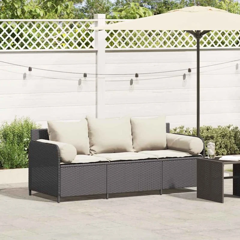 vidaXL 3-personers havesofa med hynder polyrattan sort