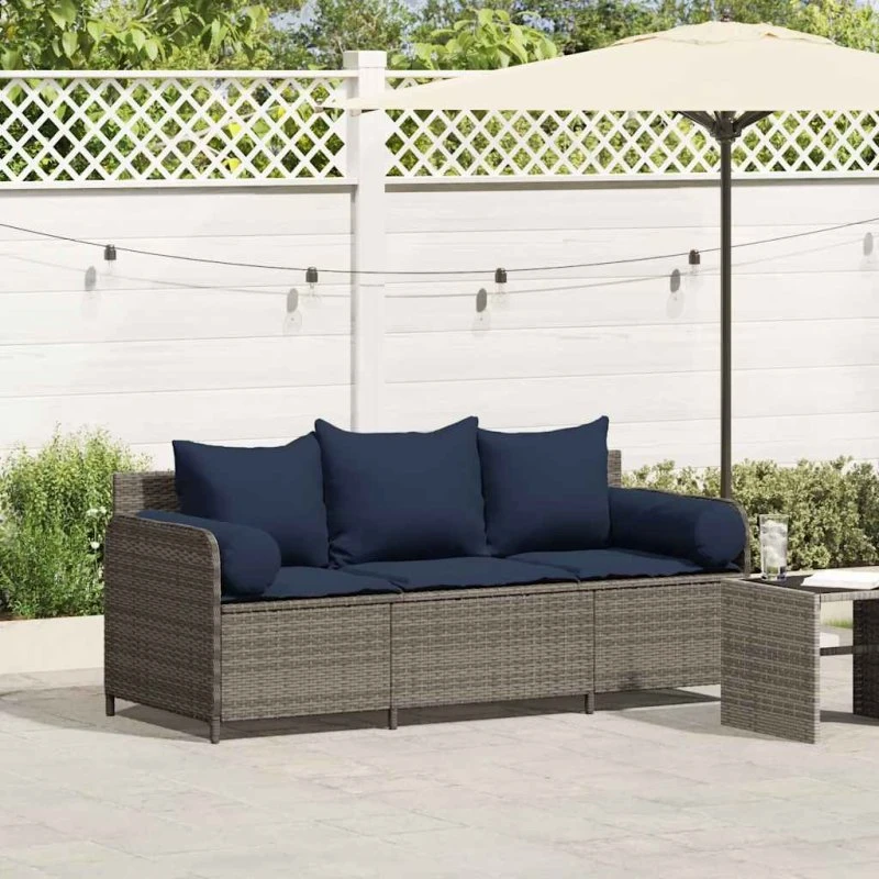 vidaXL 3-personers havesofa med hynder polyrattan grå