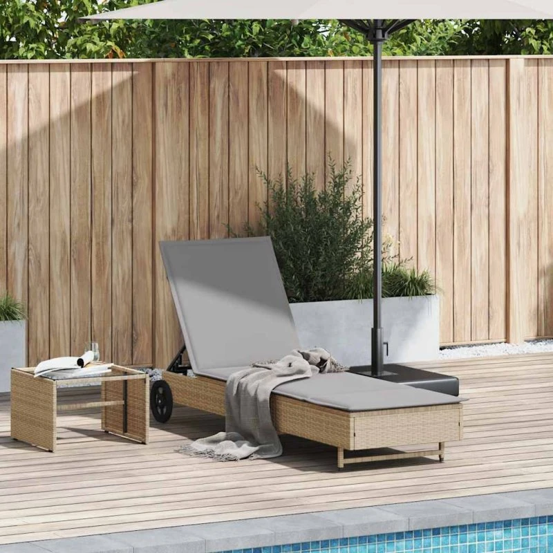 vidaXL Liggestol med hjul og hynde i polyrattan, beige