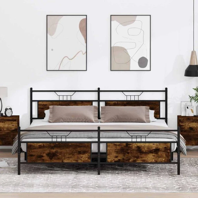 vidaXL Sengeramme 200x200 cm Røget Eg, Metal, Uden Madras