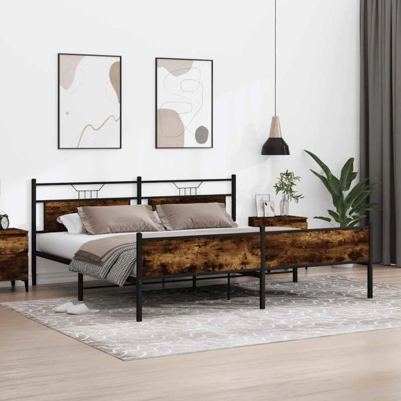 vidaXL Sengeramme 200x200 cm Røget Eg Træ med Stålstel