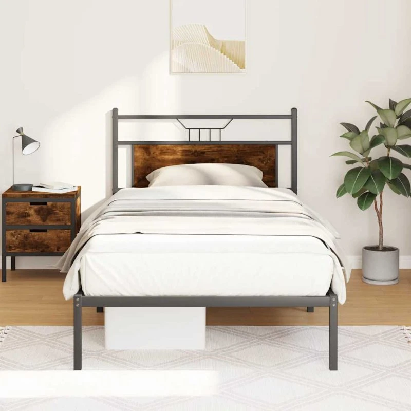 vidaXL Sengeramme 100x190 cm røget eg med hovedgærde