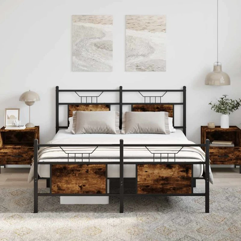 vidaXL Sengeramme 150x200 cm røget eg med stålkonstruktion