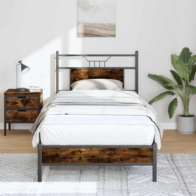 vidaXL Sengeramme 75x190 cm røget eg med sengegavl og opbevaringsplads