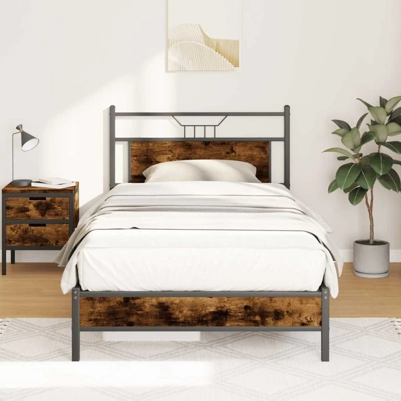 vidaXL Sengeramme 100x200 cm røget eg med sengegavl og opbevaringsplads