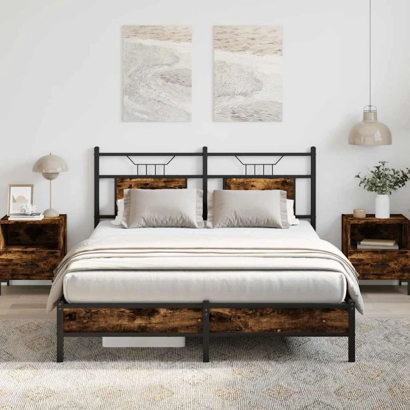 vidaXL Sengeramme 140x190 cm røget eg med sengegavl og opbevaringsplads