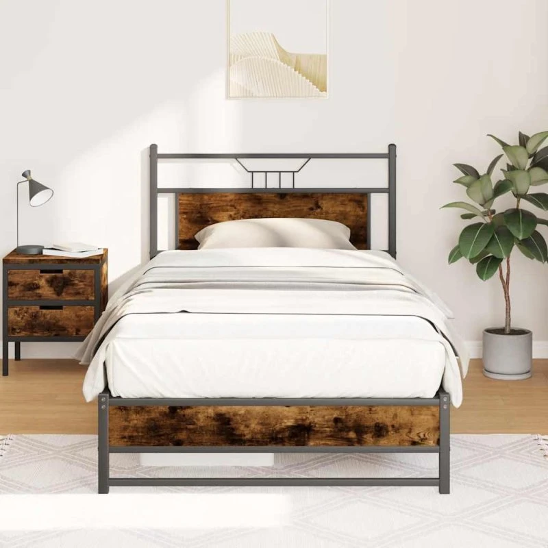 vidaXL Sengeramme 100x190 cm røget eg med sengegavl og opbevaringsrum