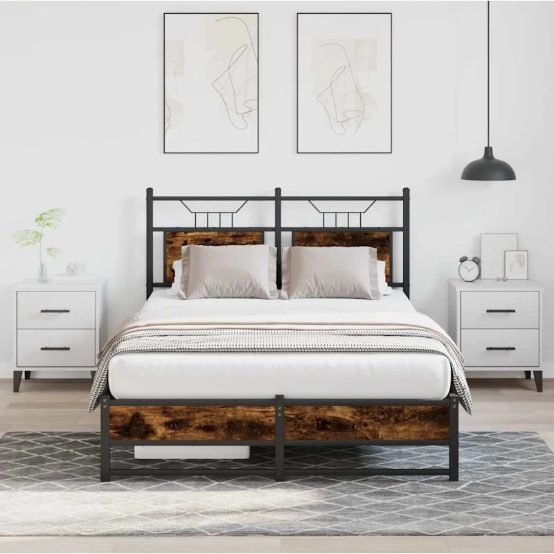 vidaXL Sengeramme 120x190 cm røget eg med sengegavl og opbevaringsplads