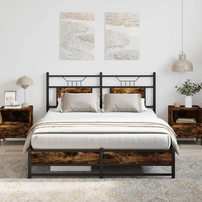 vidaXL Sengeramme 137x190 cm røget eg med sengegavl og opbevaringsplads