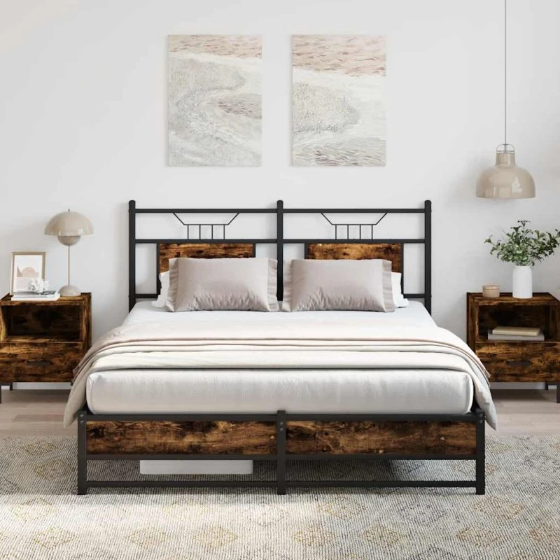 vidaXL Sengeramme 140x200 cm røget eg med sengegavl og opbevaringsplads