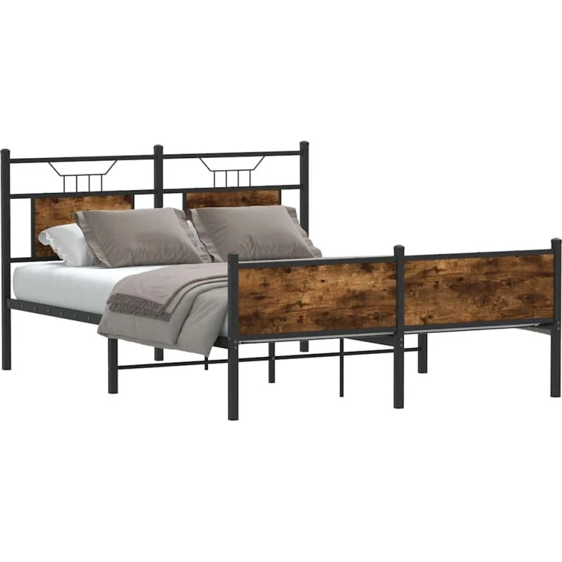 vidaXL Sengeramme 140x190 cm Røget Eg med Sengegavl og Højt Fodgærde