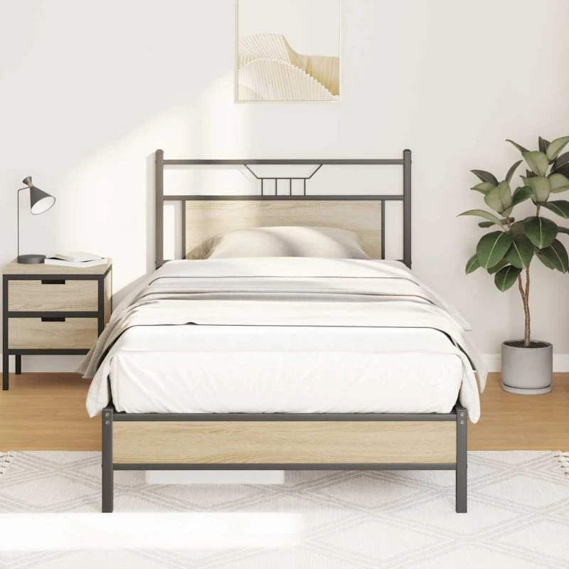 vidaXL Sengeramme 100x200 cm Sonoma-Eg med sengegavl og opbevaringsplads