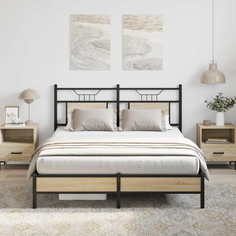 vidaXL Sengeramme 150x200 cm Sonoma-Eg med sengegavl og opbevaringsplads