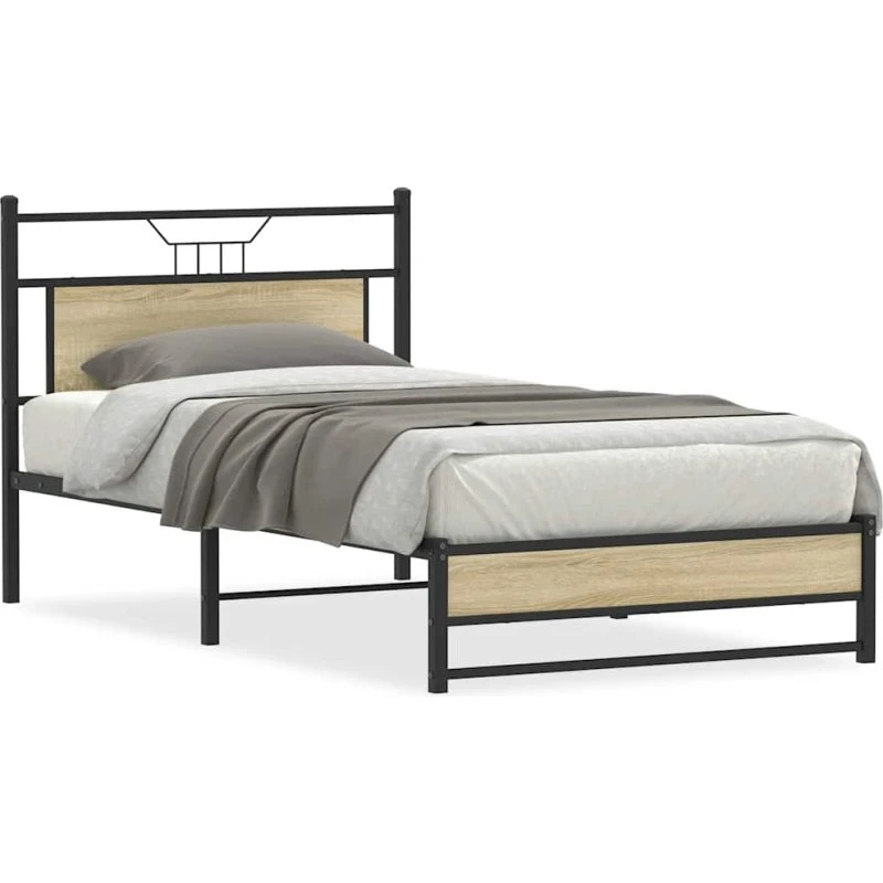 vidaXL Sengeramme 100x200 cm Sonoma-Eg med sengegavl og opbevaringsplads