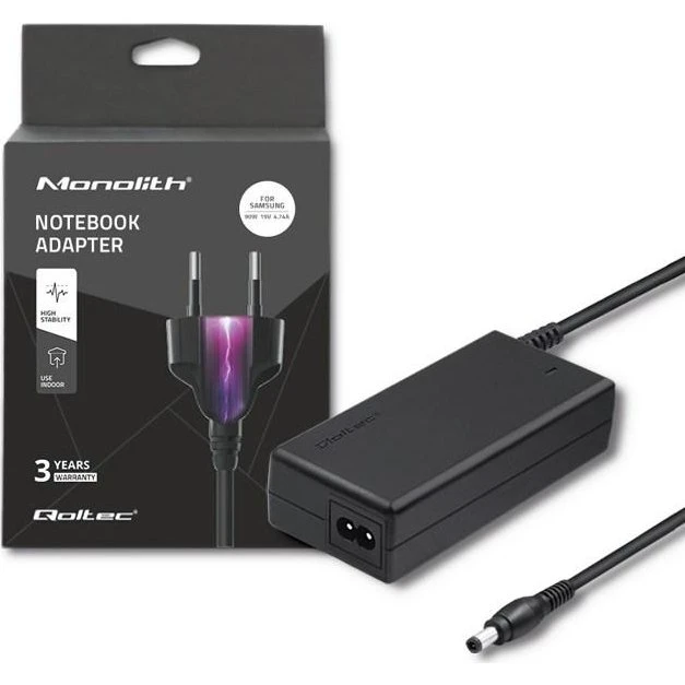 Qoltec Monolith 90 W laptop oplader, sort, til Samsung