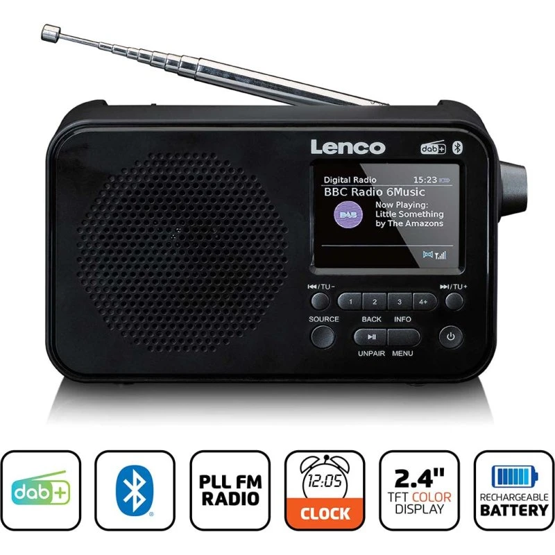 Lenco PDR-036BK Bærbar DAB+ FM-radio med Bluetooth, 2,4" TFT-skærm