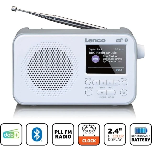 Lenco PDR-036WH Bærbar DAB+ FM-radio med Bluetooth 2,4" TFT-skærm, Hvid