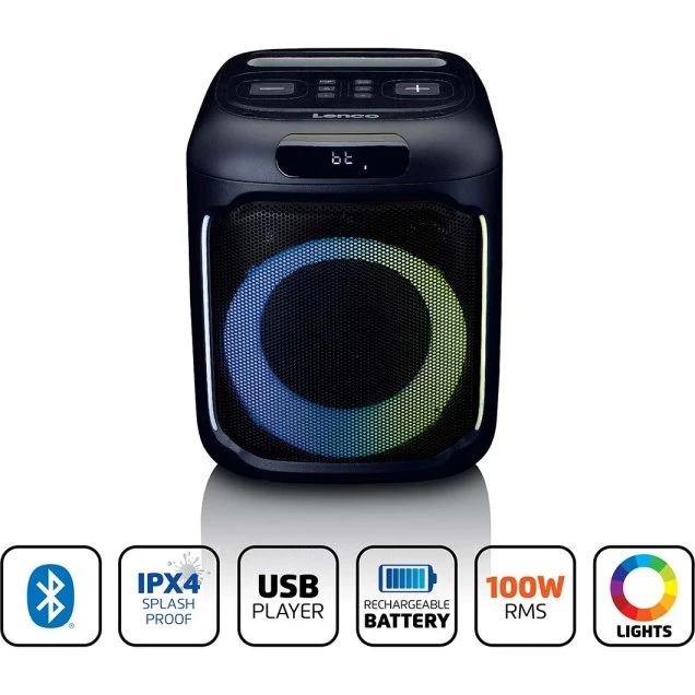 Lenco PA-101BK Kompakt IPX4 Bluetooth® Partyhøjttaler med Trådløs Mikrofon