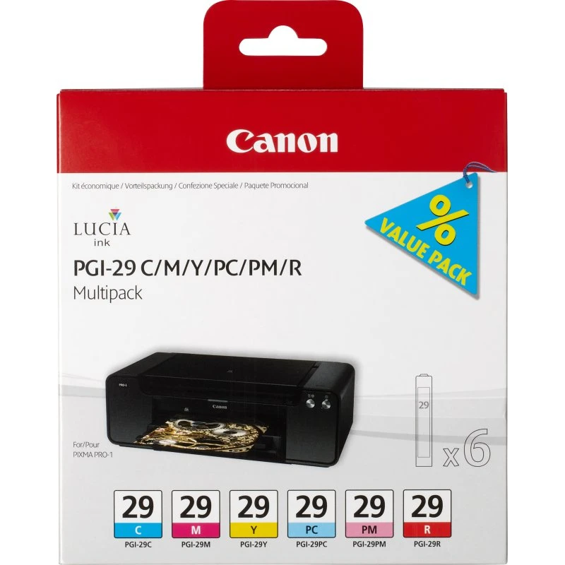 Canon PGI-29 Multipakke: Gul, Cyan, Magenta, Rød, Fotocyan, Fotomagenta – 6 stk