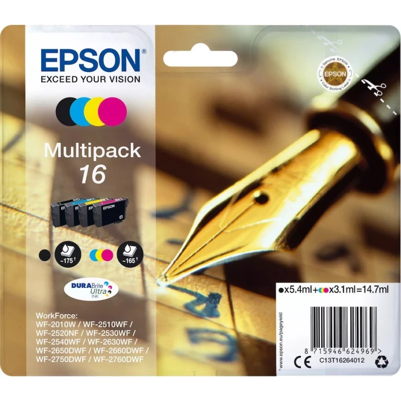 Epson 16 Multipack Sort, Gul, Cyan, Magenta Pigmentbaseret Blæk C13T16264012