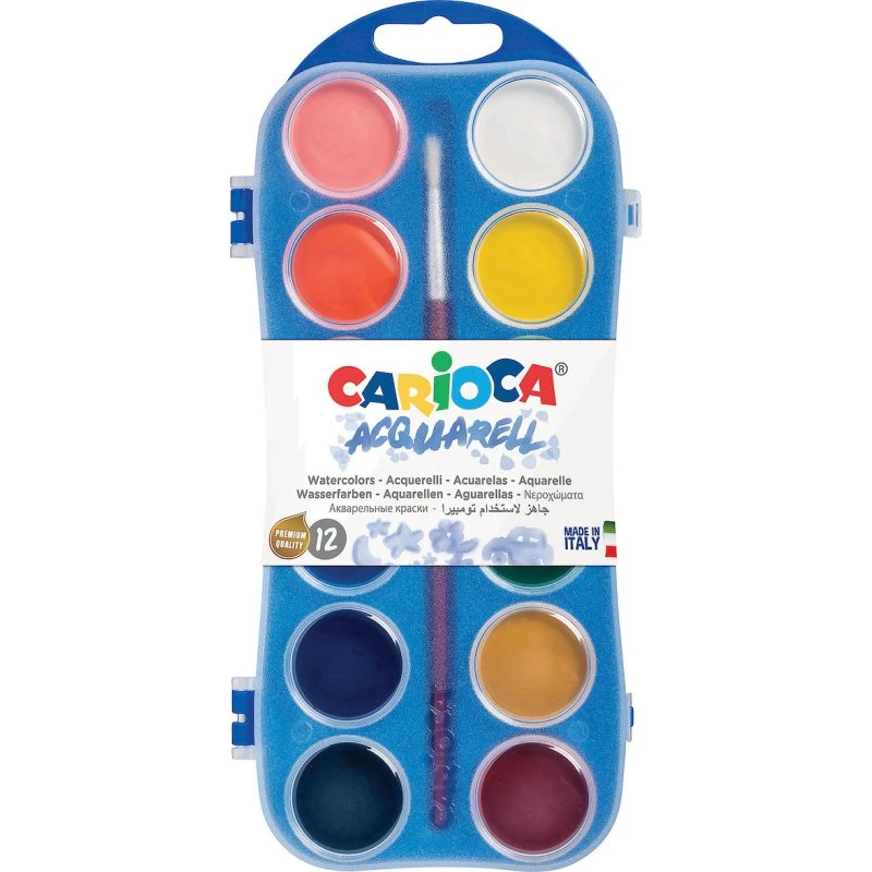 Carioca Vandfarvesæt med Pensel, 12 Farver, 30 mm