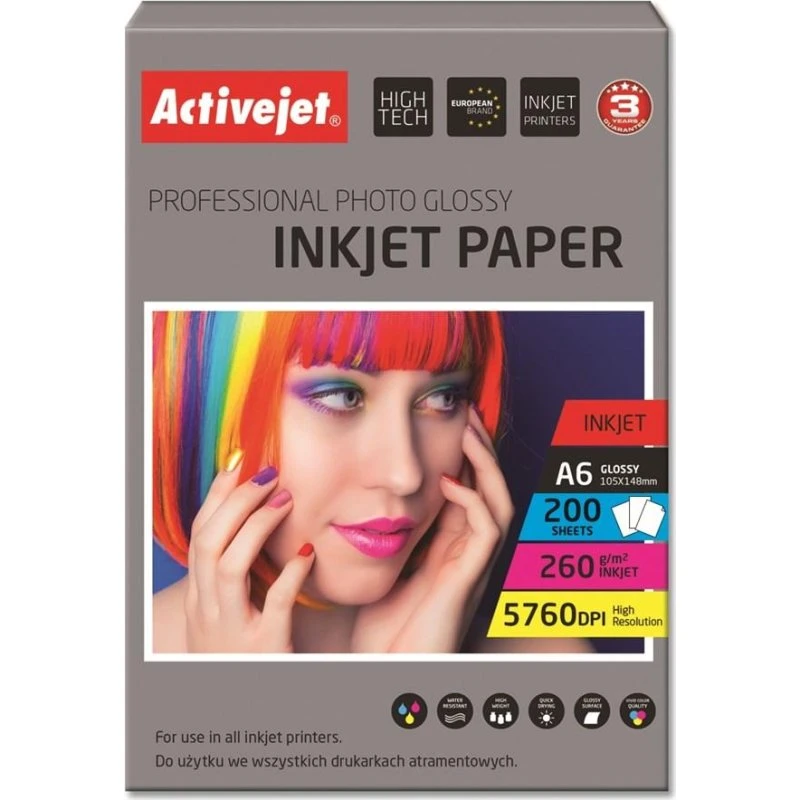 Activejet Fotopapir A6 260 g, 200 ark, glans