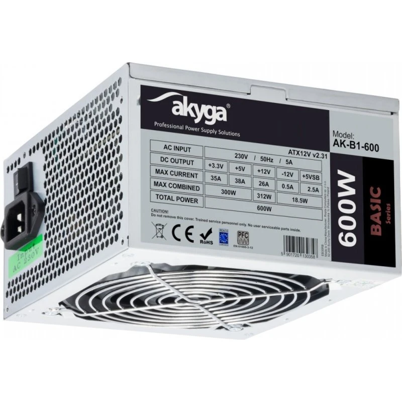 Akyga Basic 600W Strømforsyning, ATX, 20+4 Pin, SATA, MOLEX, PCIe