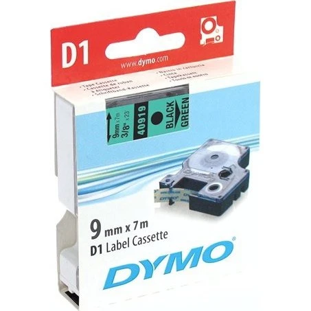 DYMO D1 9mm x 7m sort på grøn mærkattape