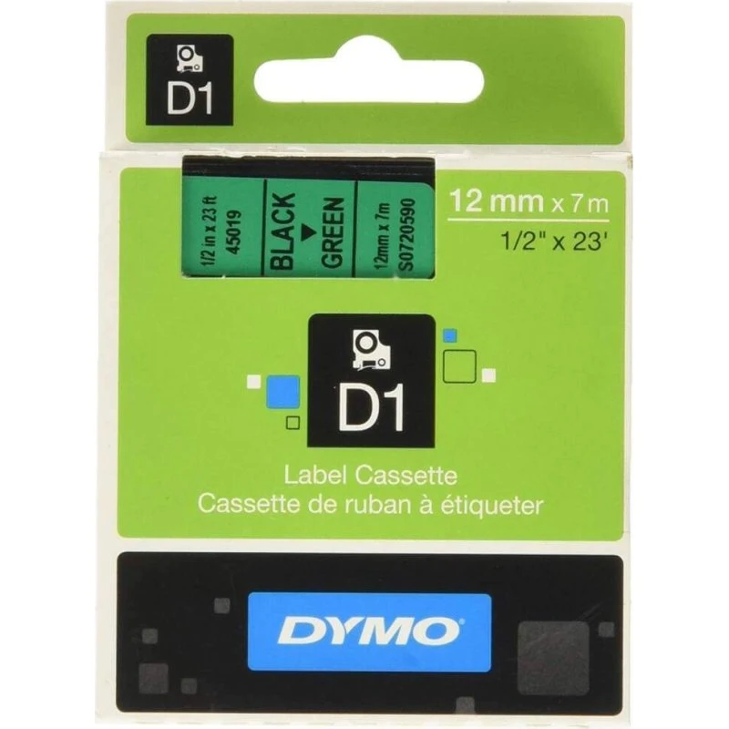 Dymo D1 12mm x 7m Sort på Grøn Etiketbånd