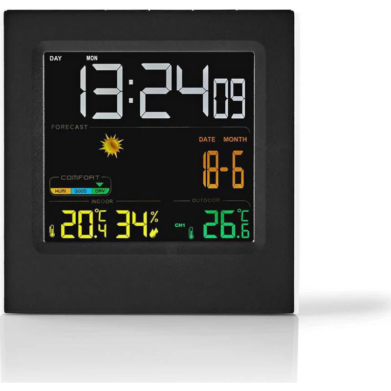 Nedis WEST404BK - Vejrstation med trådløs sensor, vejrudsigt & alarm