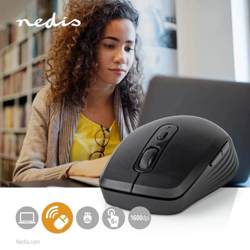 Nedis Trådløs Mus 1600 dpi, 6 Knapper, Sort