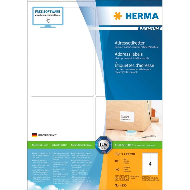 HERMA Premium Laminerede Adressemærkater 99,1 x 139 mm, 400 stk