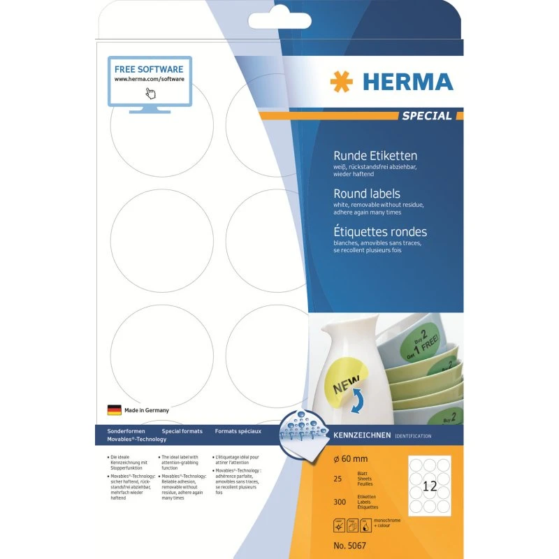 HERMA Special Runde Etiketter 60 mm, 300 stk, Hvid