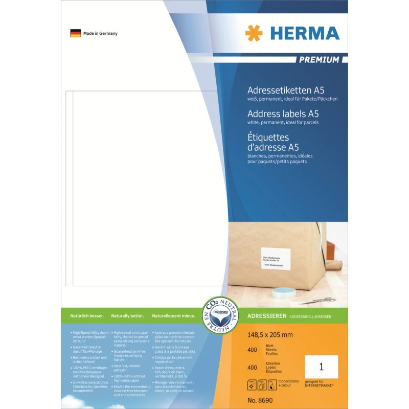 HERMA Premium Laminerede Adressemærkater 148,5 x 205 mm 400 stk