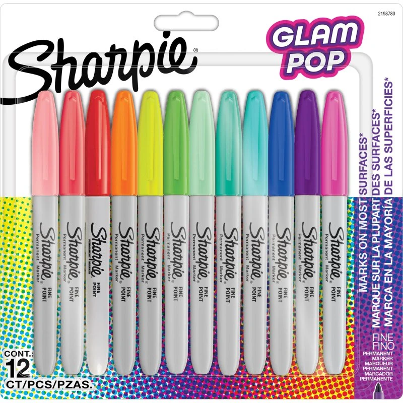 Sharpie Glam Pop Permanent Markers, 12 Farver, Fin Spids