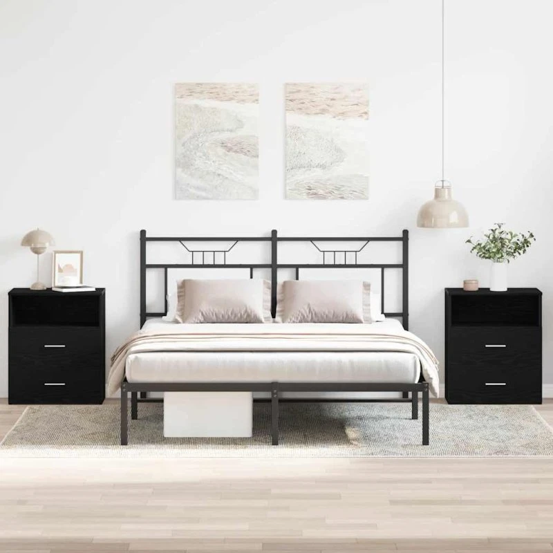 vidaXL Natbord med Skuffe 2 stk, Sort Eg, 50 x 32 x 60 cm, Konstrueret Træ