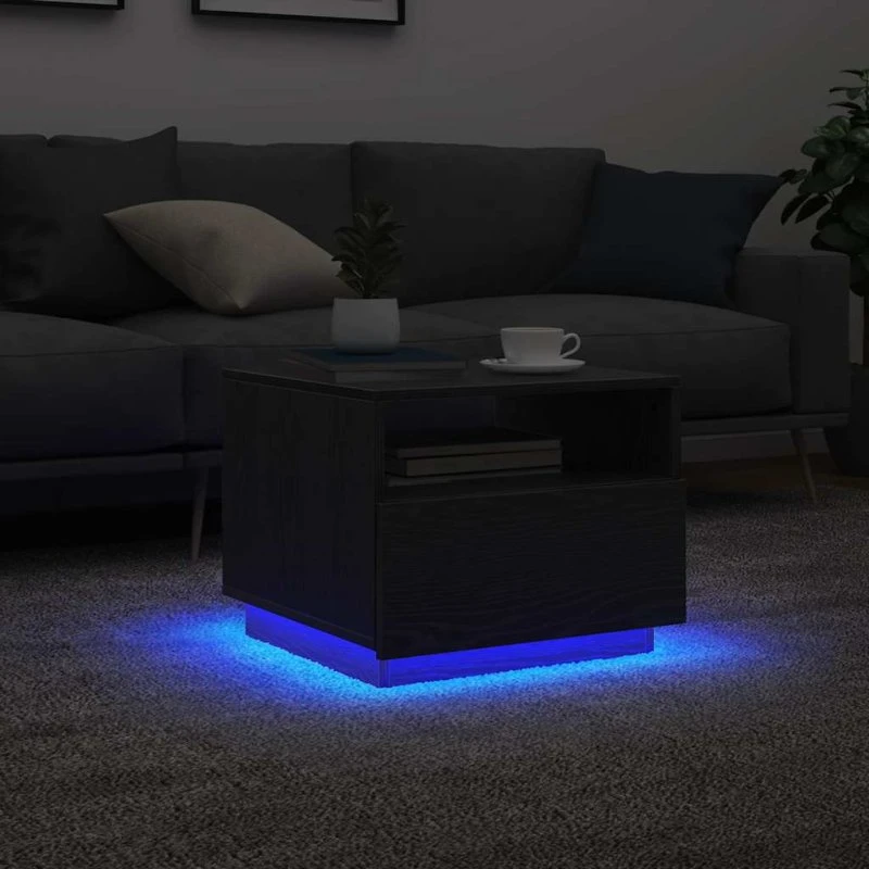 vidaXL sofabord med LED-lys 50x49x40 cm sort egetræsfarve