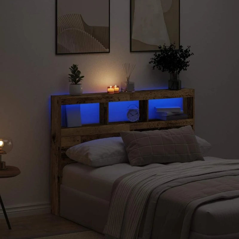 vidaXL Sengegavl med Opbevaring og LED-lys 140x17x102 cm, antikt træ