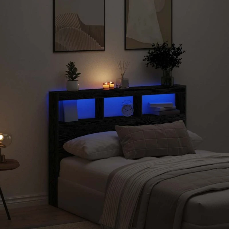 vidaXL Sengegavl 140x17x102 cm Sort Eg med Opbevaring og LED-lys