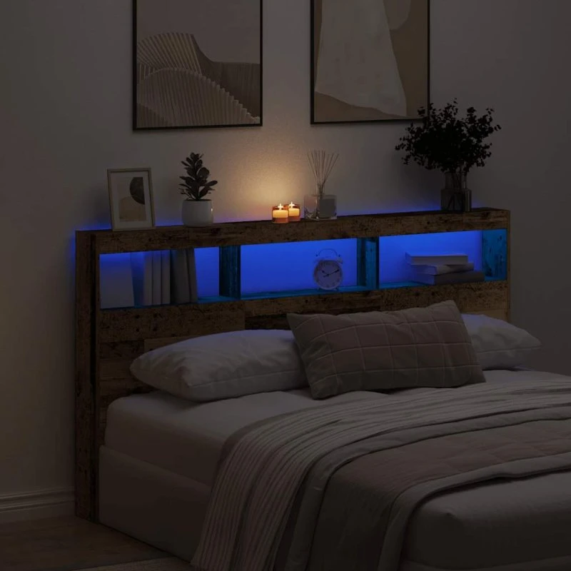vidaXL Sengegavl med Opbevaring og LED-lys 180x17x102 cm, antikt træ